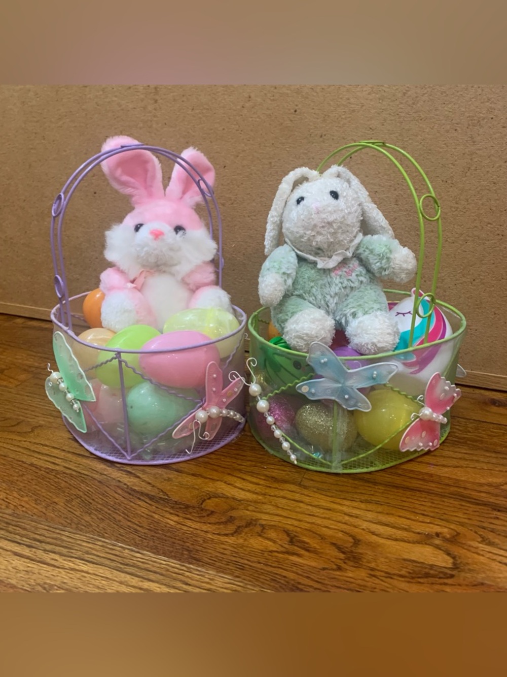 Set of 2 - 9” Plush Easter Bunnies 2 Metal Easter Baskets Butterfly Designs